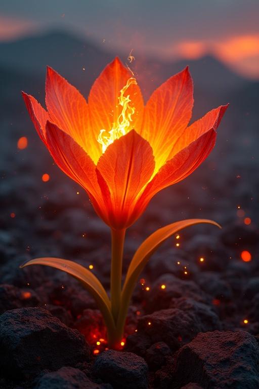 Fantasy flower with petals made of flames. Flower glows soft with inner light. Translucent petals like fire tongues. Surrounded by dark volcanic rocks. Environment is mystical and warm. Sparks float in the air. Subtle heat haze. Background has volcanic landscape with glowing lava streams and smoky skies. Highly detailed and vivid colors.