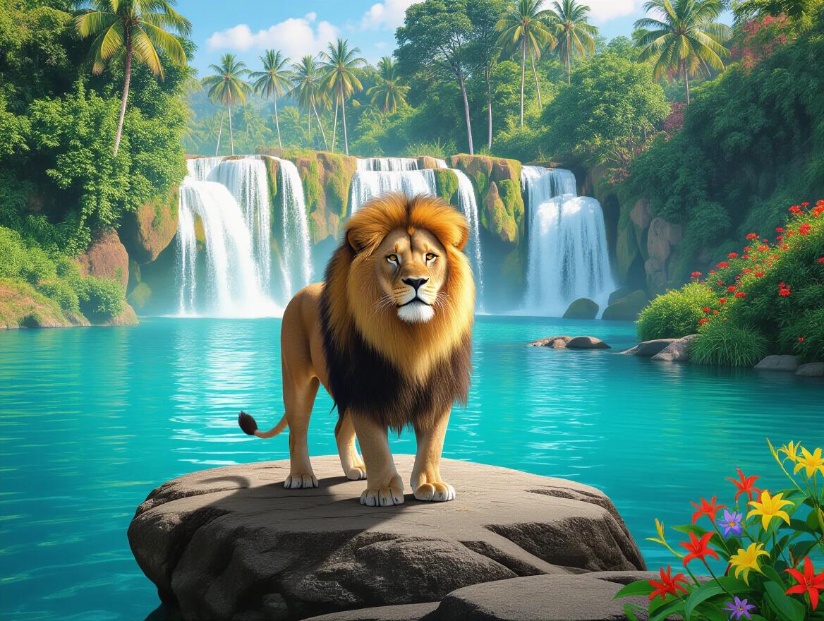 A majestic lion stands on a rock in front of a vibrant blue river. Tropical flowers bloom along the banks. Lush greenery surrounds the waterfall behind. Vivid colors enhance the scene. Close-up perspective from the front.