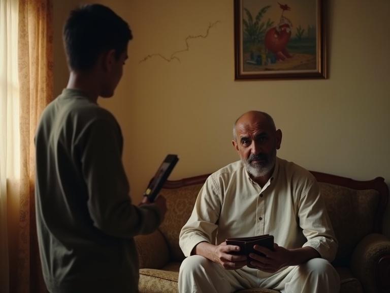 A modest living room with slightly cracked walls. A father in his forties, simply dressed and exhausted, sits on an old sofa. Yasser stands in front of him, speaking enthusiastically about school books. The father's hand is shown hesitantly taking 500 dirhams from his wallet. Yasser's eyes reveal hidden mischief.