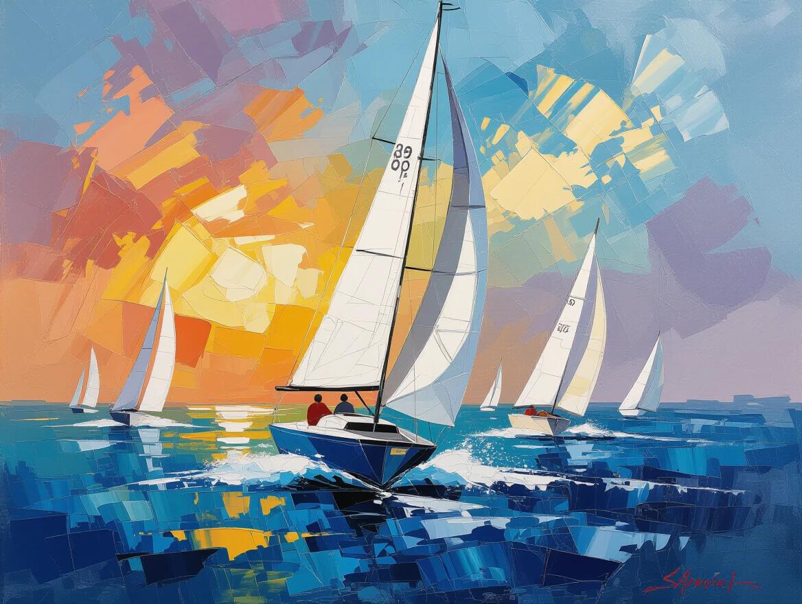 Vibrant scene of sailboats racing on water. Artwork employs impasto and craquelure techniques. Features deep color palette with soft brush strokes. Shows boats against a colorful sunset.