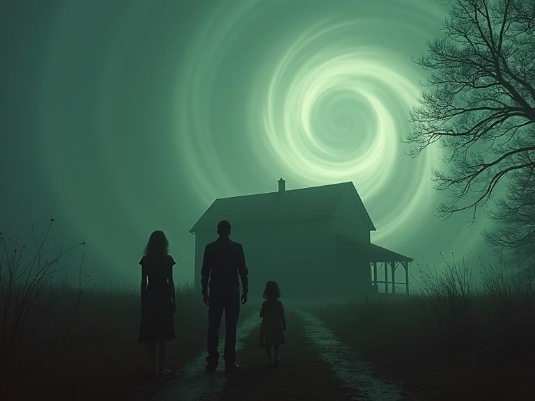 A spooky scene of a family silhouetted against an old farmhouse. Above them, a swirling green sky creates an eerie atmosphere. Shadows flicker around the edges. The setting appears haunted and surreal.