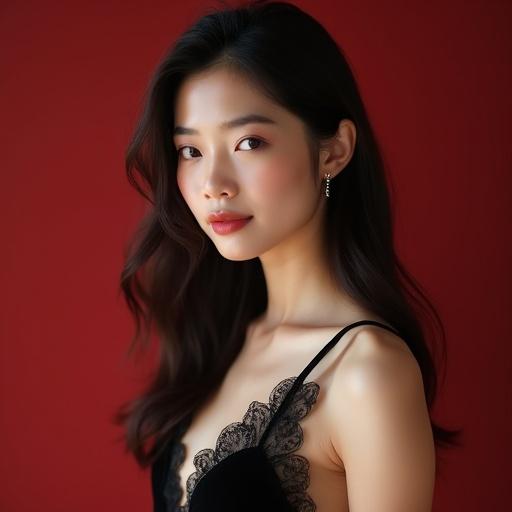 Japanese woman with a sweet feminine face. Wearing a daring elegant outfit: a dark red lace bodysuit, transparent black stockings with garters, fine silver bracelets, straight shiny hair cascading with a playful fringe over her intense almond-shaped eyes. Full body photo.