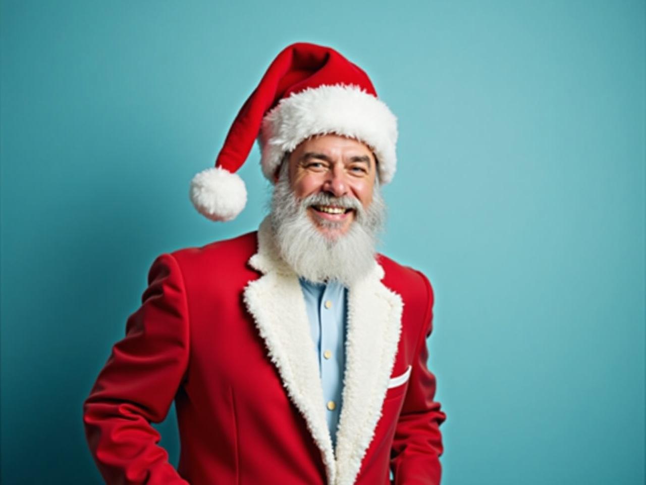 The image shows a man wearing a suit that resembles Santa's outfit, complete with a bright red color and white fur trim. On his head, he sports a classic red Christmas hat with a white pom-pom on top. The background is a simple, soft blue, enhancing the festive look. The man's ensemble conveys a cheerful holiday spirit, making him look like a jolly Santa Claus figure. The overall vibe of the image is merry and bright, perfect for the holiday season.