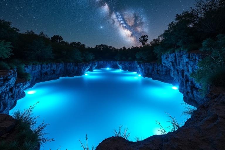 A breathtaking cenote glowing with vibrant LED lights in shades of blue and turquoise. Surrounded by natural rock formations and lush vegetation. Crystal clear water reflecting soft illumination. Above, a star-studded night sky with the Milky Way visible. Serene and magical atmosphere captured in ultra-realistic 4K.