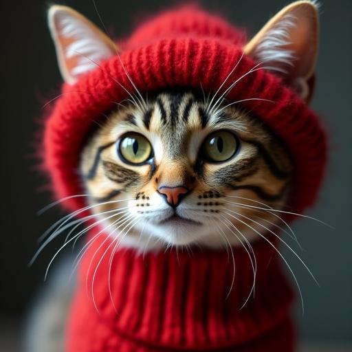 Cat wearing a red hat. Detailed fur texture. Large expressive eyes. Warm colors. Soft background.