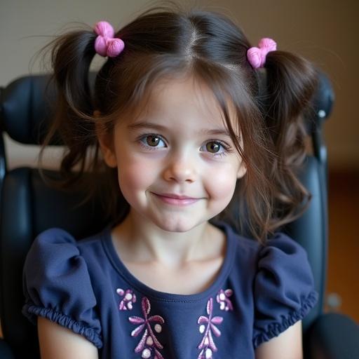 Photo of a young girl with dark hair in pigtails, wearing a dark blue dress with pink patterns and purple sandals. The girl sits safely strapped in a wheelchair.