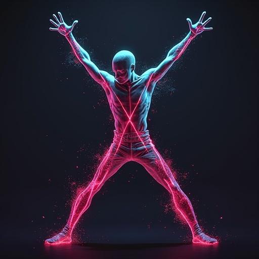 Create an image of a figure with crossed arms in an X shape. The figure should appear to be dancing to techno music. The body should not be present. Use neon colors and glows to enhance the visual appeal.