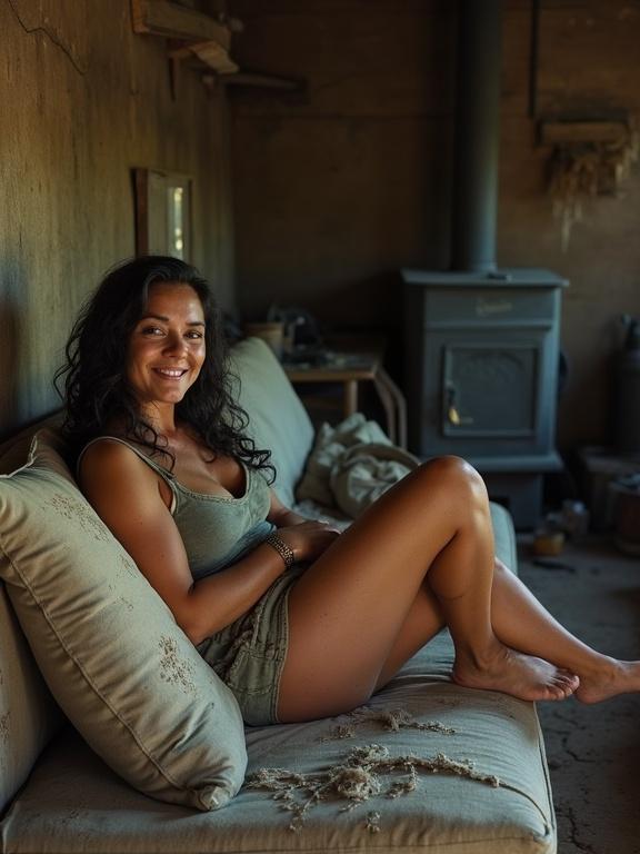 A young woman relaxes on a worn sofa in a rustic cabin. She has a curvy body and round face with dark hair and freckles. The cabin is dimly lit with cracks in the wood. There is a wood stove in the background. She wears a thick miniskirt and tank top, with bare feet on tattered cushions. Her expression is happy and shy.
