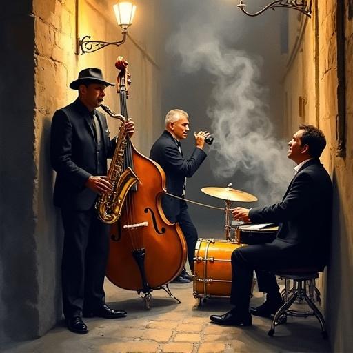 A jazz band performs live in an alley. The musicians include a soulful saxophonist, a double bass player, a pianist, and a drummer. The setting features warm lighting and glossy instruments. Smoke curls in the air to create mood. The style is encaustic watercolor with rich textures. Emotion on musicians' faces signifies jazz passion.