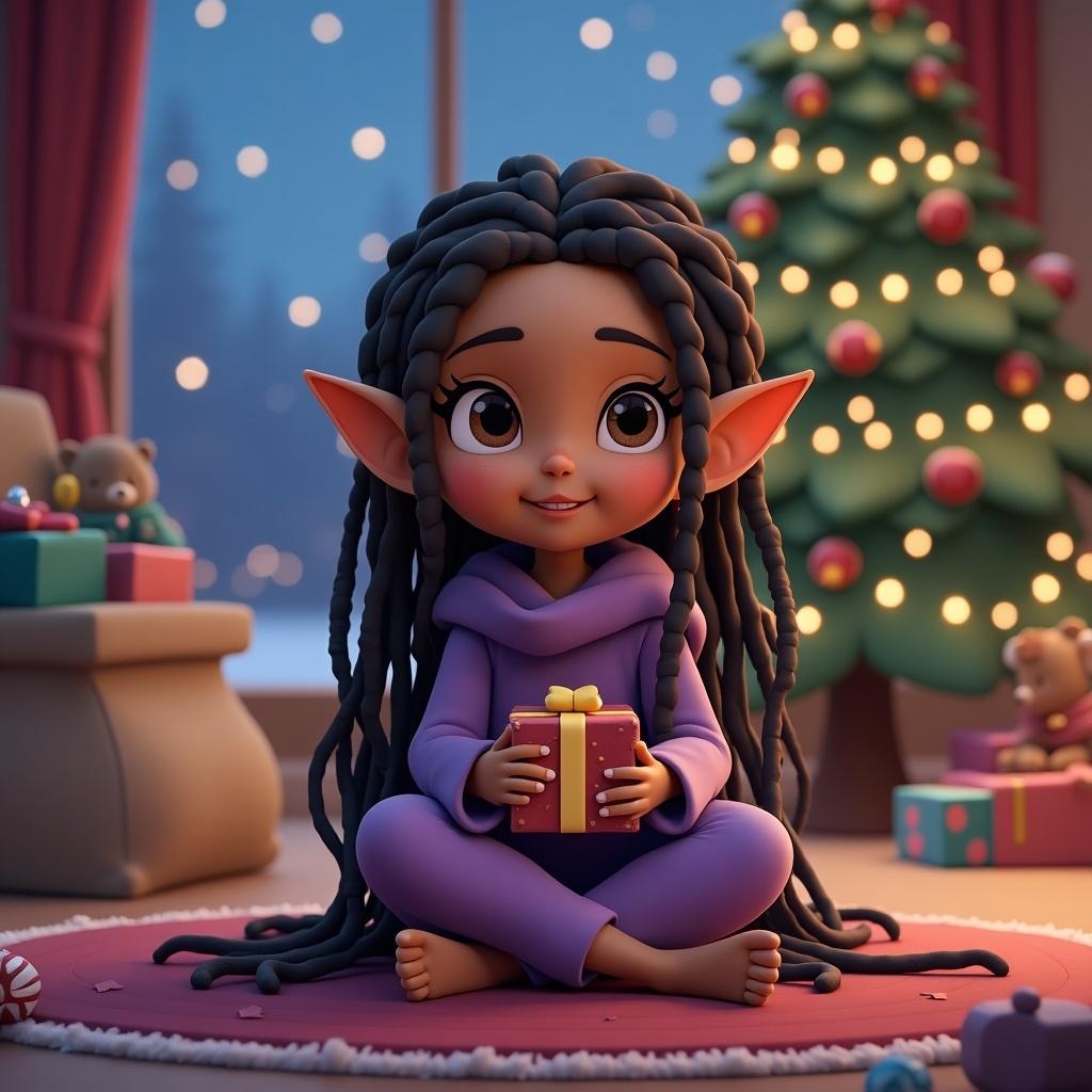 Girl elf with pointed ears and dreadlocks. Wearing purple. Sitting in front of a Christmas scene with a present.