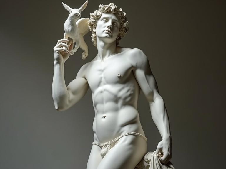 A detailed sculpture of a male figure wearing minimal clothing. The figure holds a mythical creature and is depicted in a close frontal view. The style is influenced by Rodin and minimalist art.