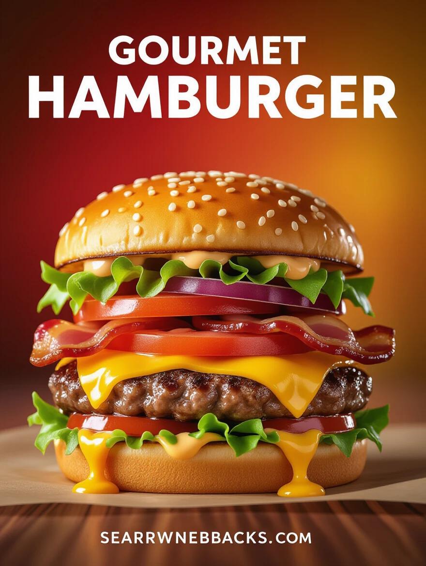 Professional advertising poster design for gourmet hamburger. Juicy, assembled burger centered with sesame seed bun, lettuce, tomato, cheddar cheese, bacon, caramelized onions, sauce. Warm gradient background of red, amber, orange. Top phrase in bold, vintage-style lettering. Bottom inviting text in rustic font with cultural cues from Goiás.