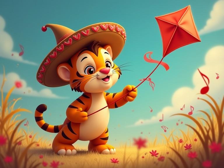 A cute tiger cub wearing a sombrero is flying a kite shaped like a music note in a vibrant outdoor setting. The background features musical notes and flowers, creating a cheerful atmosphere.