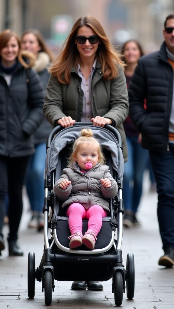 Mother walks with daughter in stroller among crowd. The scene shows a lively family outing. Mother is casually dressed. Daughter wears pink leggings and a jacket. Child sits with a pacifier. The mother appears dedicated while pushing the stroller along a sidewalk.