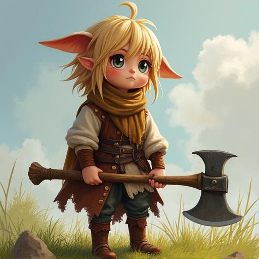 Character design of a lalafell girl holding an axe. She has pointed ears, light blonde hair, wearing a brown outfit with a scarf. The background is soft and whimsical.