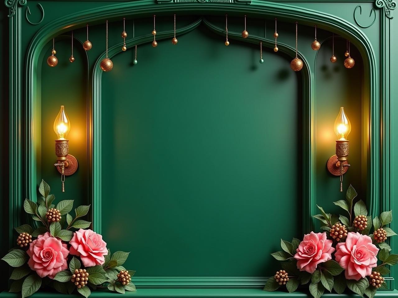 The image features an ornate frame in a rich green color. There are golden lamps on both sides, emitting a warm glow, enhancing the elegant look. Pink flowers and lush leaves are artistically arranged at the corners, adding a touch of nature to the design. The frame has an arched top, reminiscent of traditional architecture. Tiny hanging ornaments are visible, contributing to the luxurious and festive atmosphere.