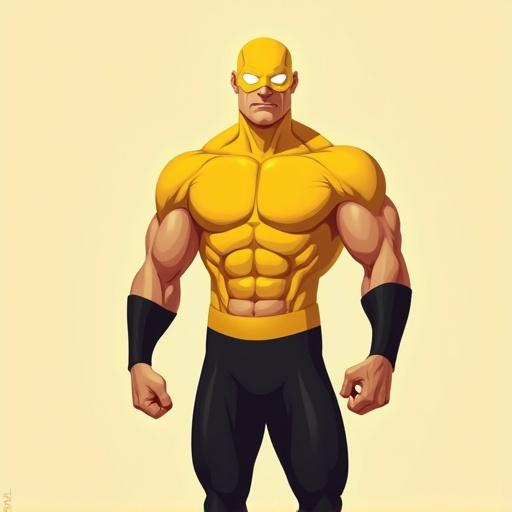 Full-body illustration of a muscular superhero with a bright yellow costume and mask. Superhero has defined muscles, wearing black athletic pants and a black sleeve. Background is light beige. Superhero stands upright with arms relaxed.