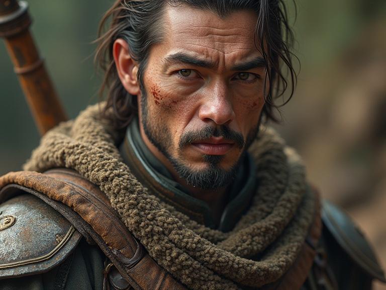 A rugged man with scars in a tense atmosphere. A crowd pushes against barriers at a resource distribution point in 2055. Drones patrol above.