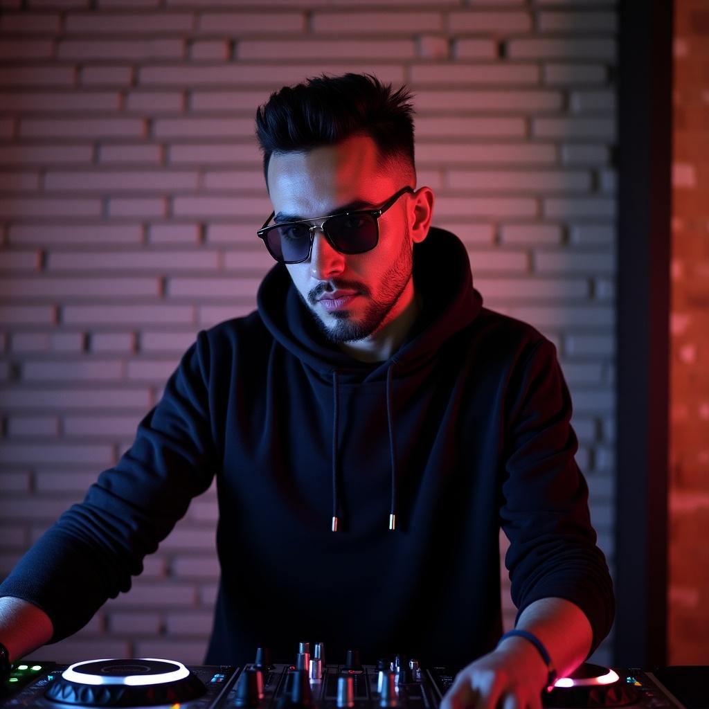 DJ performing at night in a club setting. Wearing sunglasses and a black hoodie. Focus on mixing console. Background features illuminated walls.