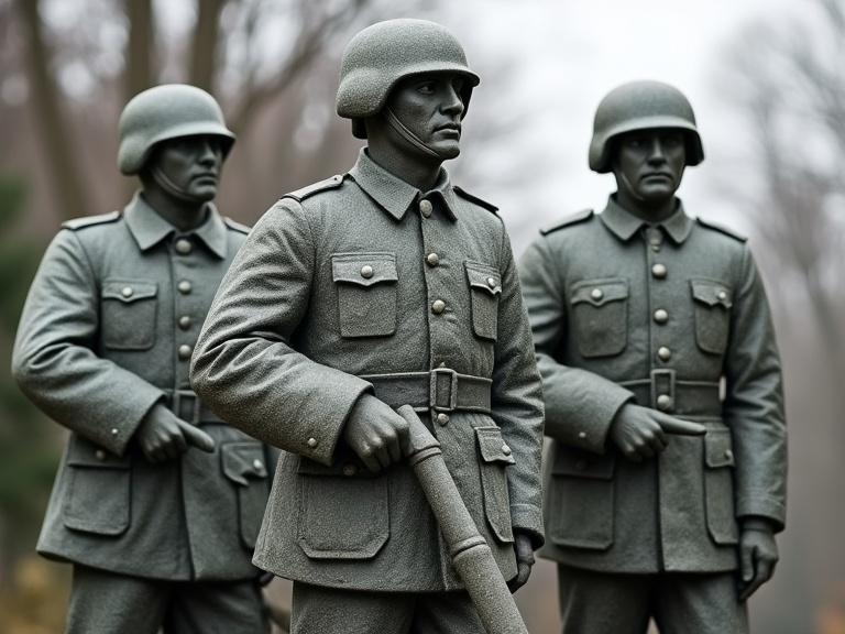Soviet army soldiers depicted as stone statues. Three figures stand in military attire. Statues have an authentic and detailed appearance. Background features a blurred natural setting.