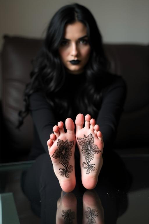 Image features goth woman wearing black attire sitting on a couch. She exposes her henna on the soles of bare feet resting on a glass table. Long dark hair and dark lips complete her look.