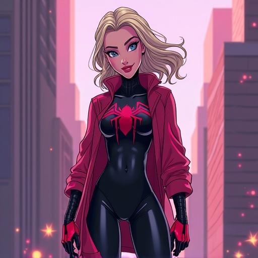 Illustration of a busty, athletic character styled as Spider-Gwen from the animated movie Into the Spider-Verse. Character wears a black bodysuit with a red spider emblem and a stylish red jacket. The background features a cityscape.