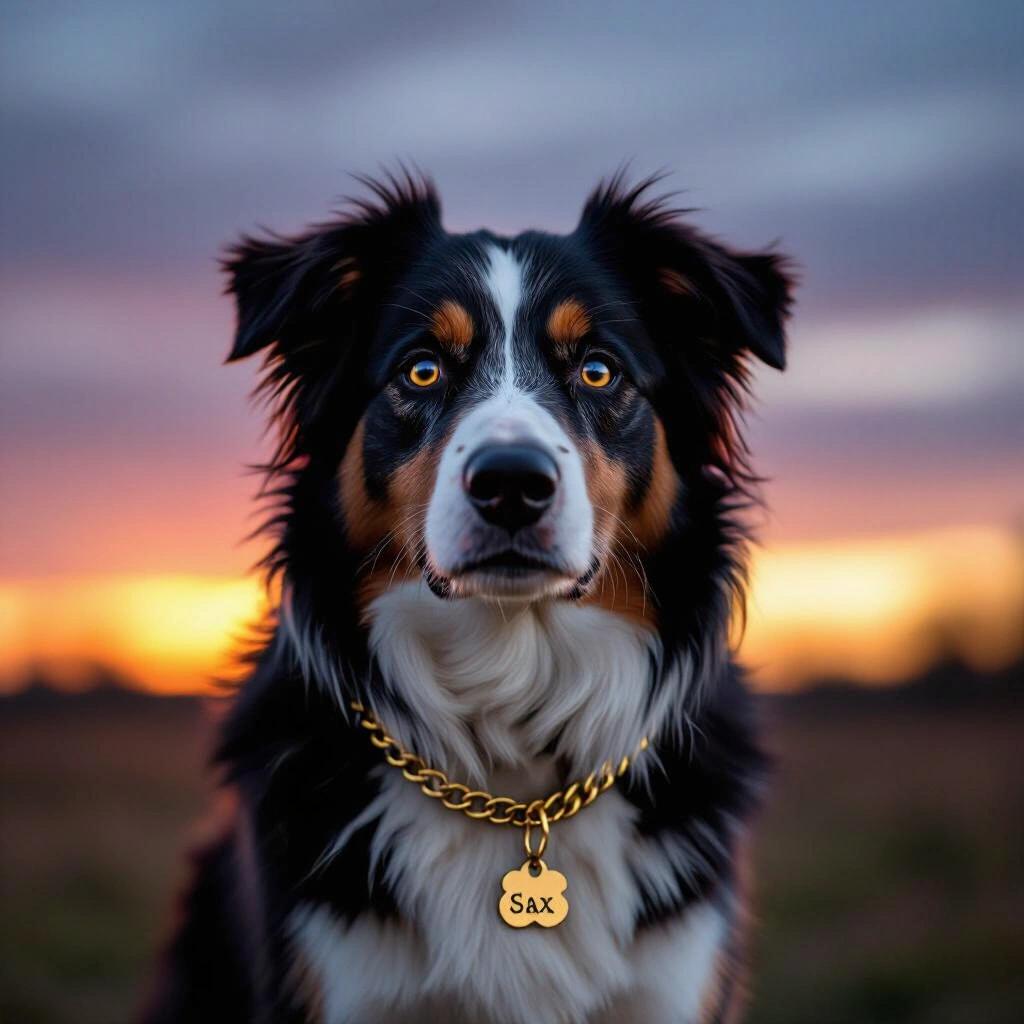 A close-up of a Border Collie dog looking at the camera. The dog has a golden chain collar with a name tag that says 'SAX'. The photo is taken at sunset.