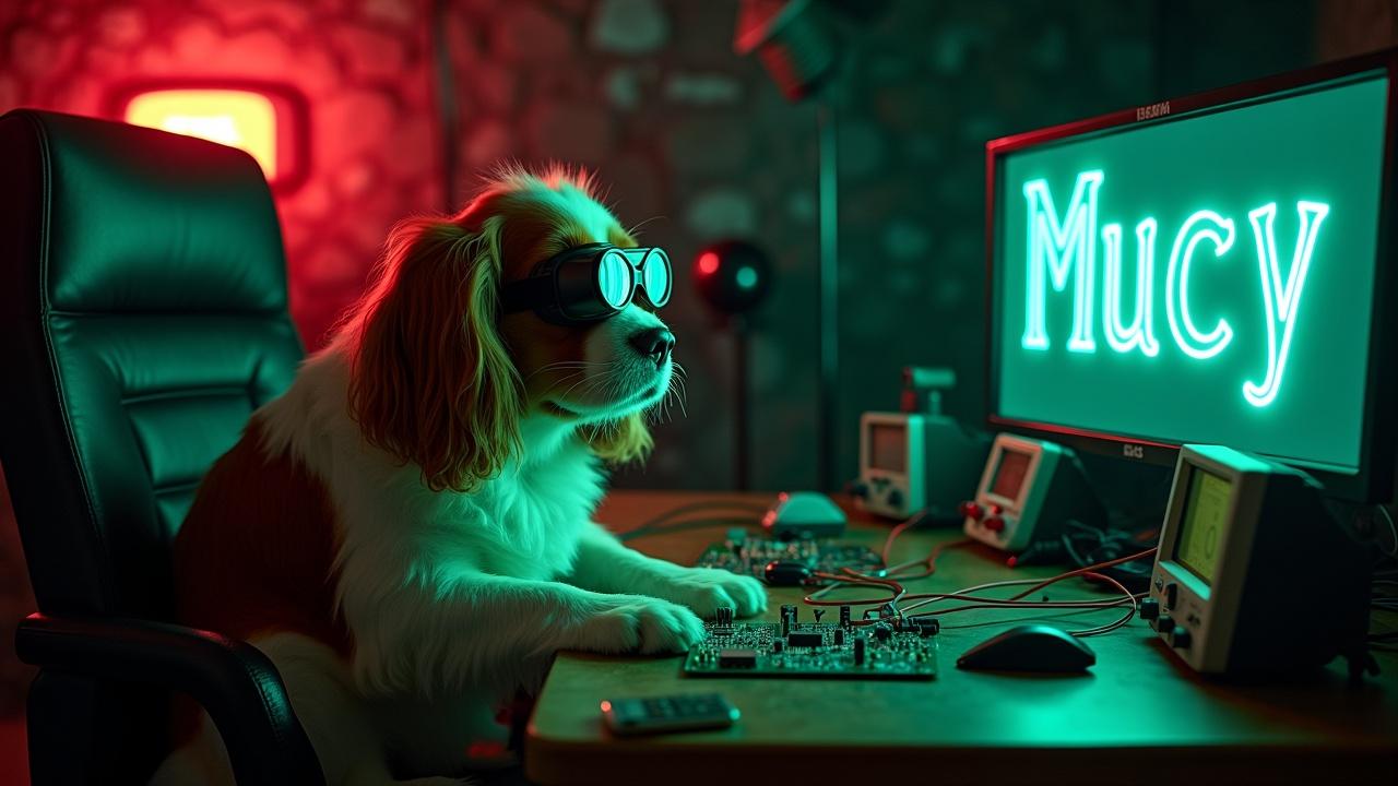 In a dark and eerie bunker, a fluffy Cavalier King Charles Spaniel is sitting in a chair, engaging with an electronic circuit board. The dog is wearing welding goggles. The dog is surrounded by various wires and circuit boards laid out on a bench. Next to the dog, there are oscilloscopes and multimeters displaying signals. The scene captures the unusual interaction between the pet and the repair of industrial equipment. A bright red emergency alarm lights up the background, adding to the eerie industrial atmosphere, while highlighting the dog's expressive face. This image perfectly blends the themes of technology, industry, and pet companionship. On a computer screen, we see the text 'Mucy', clearly written, in a glowing green font.