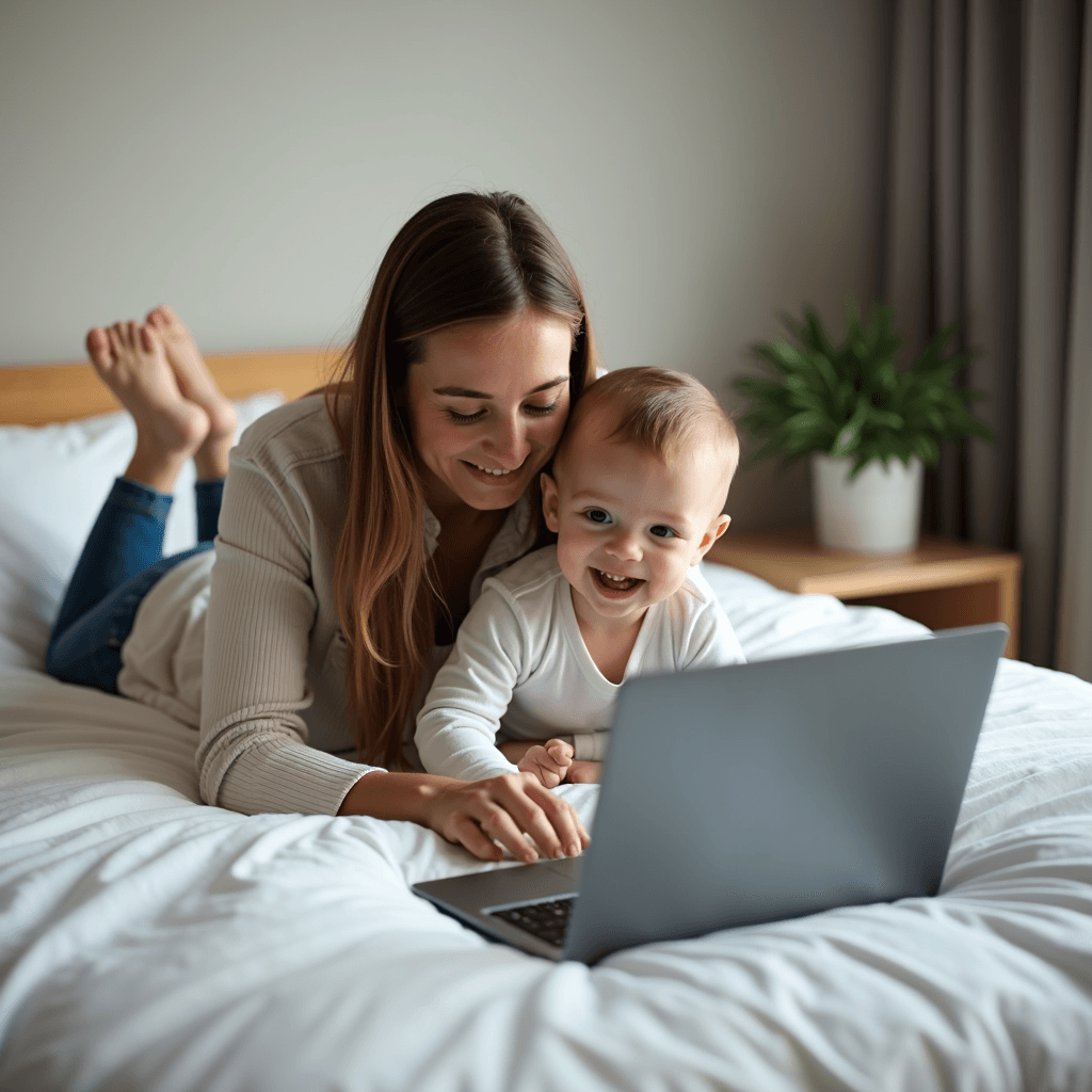 A woman and child are lying on a bed, joyfully engaged with a laptop, creating a cozy moment of shared exploration.