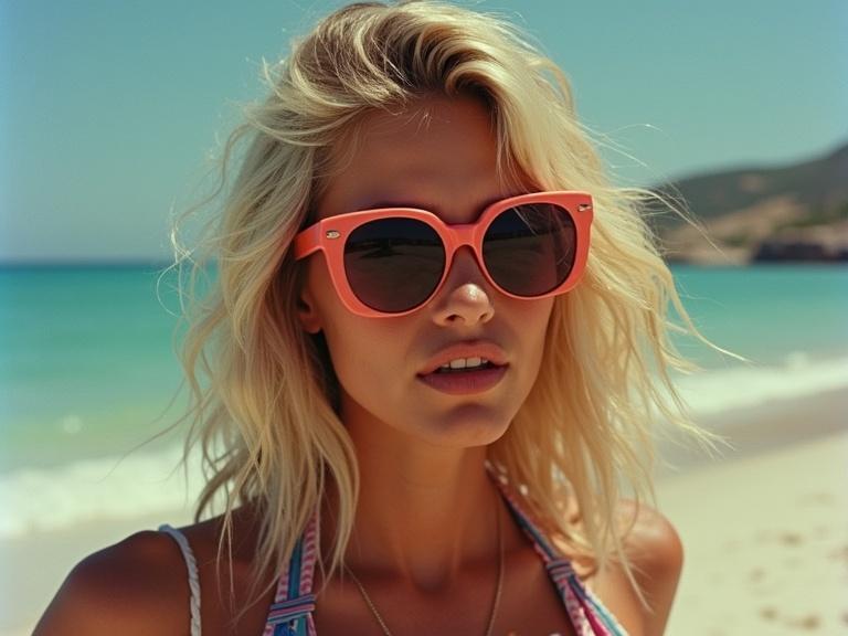Model at beach wearing coral sunglasses. Sunny day with blue ocean in background. Blonde wavy hair styled casually. Casual summer outfit with bright colors. Emphasis on playful summer vibe.