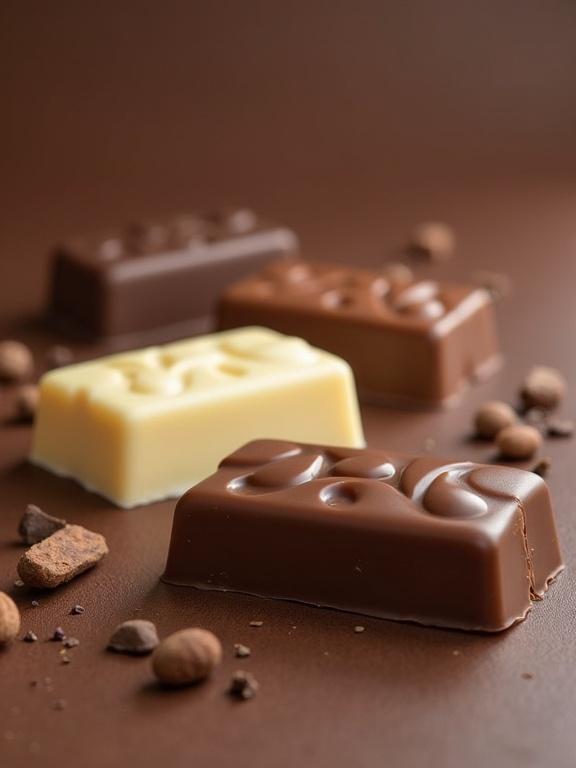 Beautiful chocolates in dark, white, and milk varieties arranged on a brown background. Professional studio setup highlights textures.