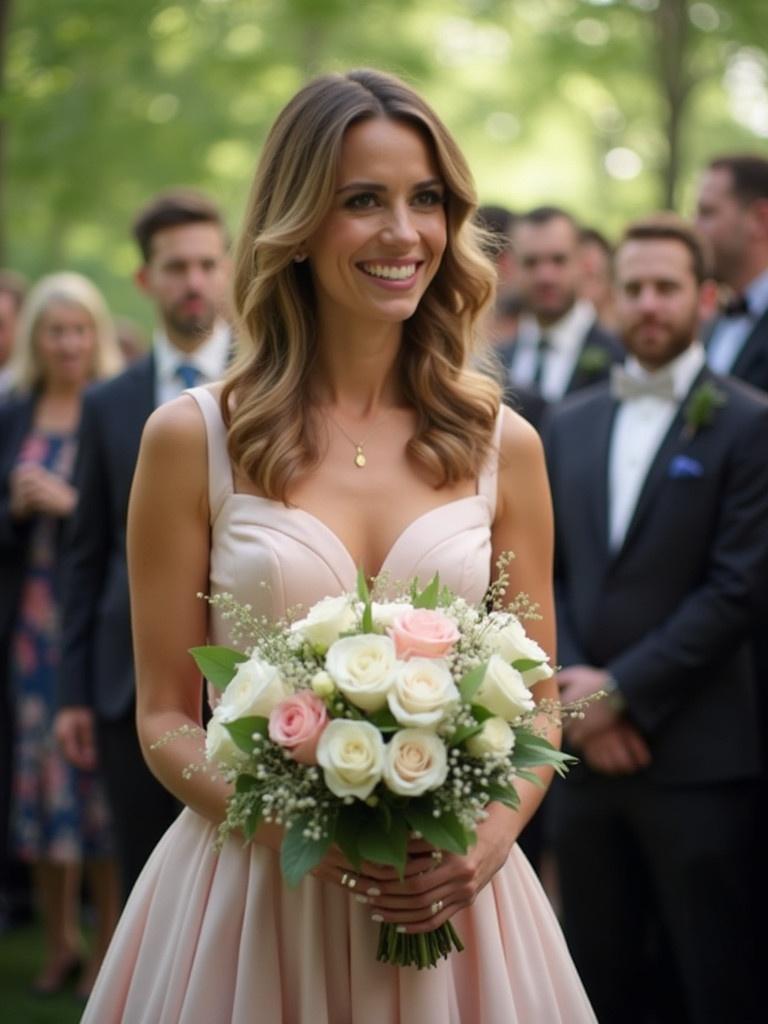 Woman wears an elegant dress. She holds a bouquet of roses. The setting is outdoor at a formal event. A group of people surrounds her. Soft focus creates a dreamy atmosphere.