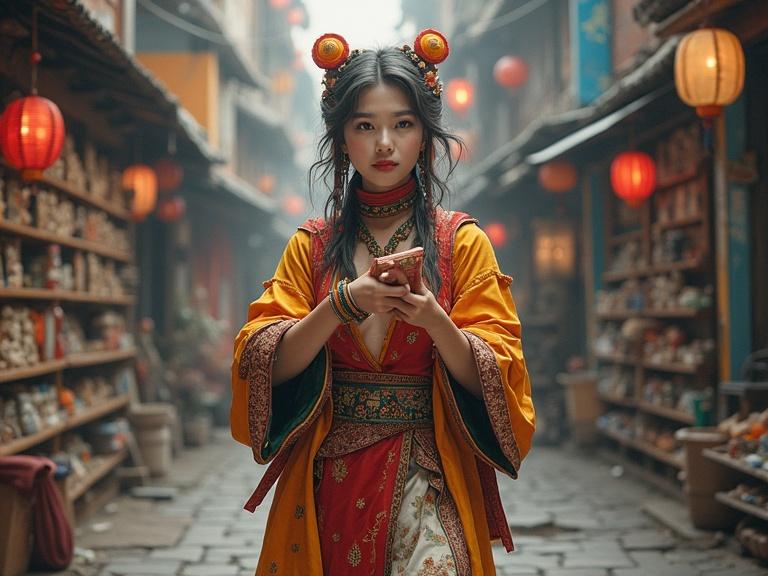 A young woman in traditional attire standing in a historical marketplace. Vibrant colors and cultural symbols. Lanterns lit in the environment.