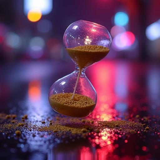A broken hourglass with golden sand hovering mid-air above a wet city street at night. Neon purple and orange lights reflect on pavement. Cinematic motion blur. Surreal and dramatic mood. Close-up shot with shallow depth of field.