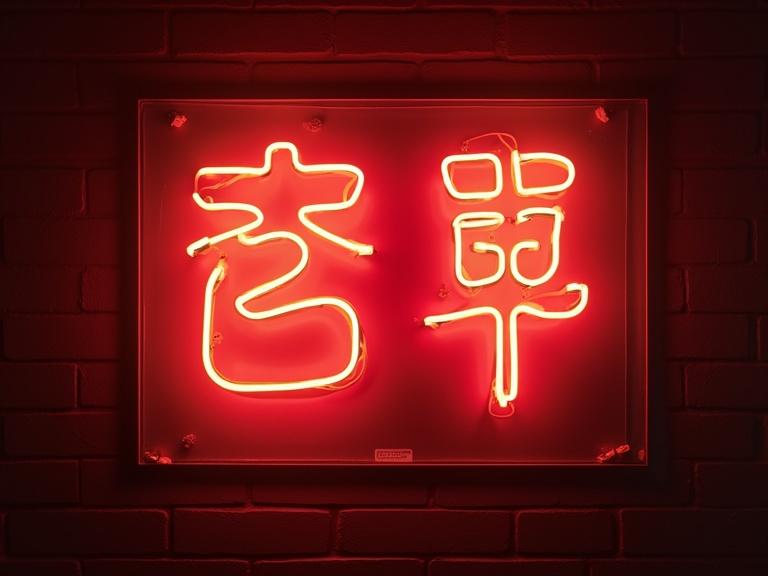Neon sign in red color depicting Korean characters. The sign has a soft blinking effect, creating a playful and warm atmosphere.