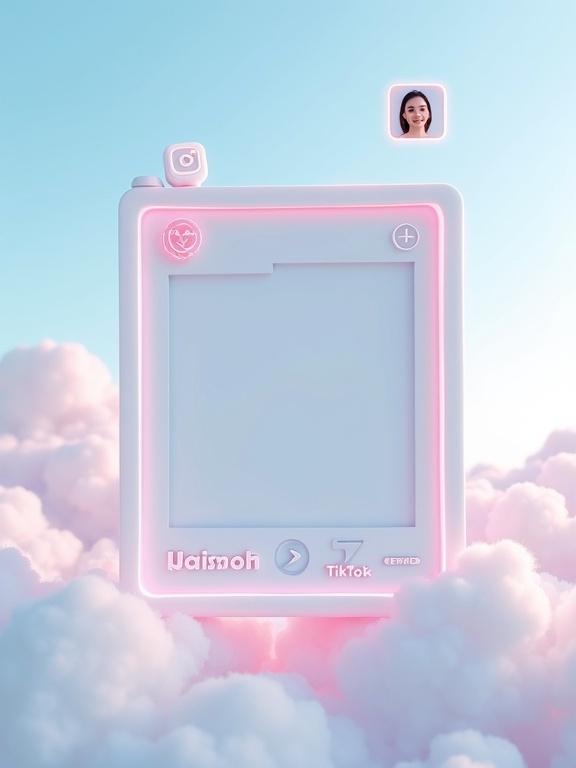 A massive Instagram-style frame floats mid-air in a soft cloudy sky. The frame has a glowing neon-medical aesthetic. Colors include pastel blue, soft pink, and clean white accents. Floating social media icons are below the frame. Text displays 1,000,000 likes in a glossy font. A miniature avatar icon and a username tag appear in the corner. A small tablet nearby shows skin texture before and after treatment. The scene has clinical-chic aesthetics with sterile gloss.