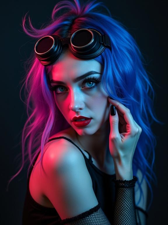 A striking portrait of a woman with cyberpunk aesthetic features long spiky vibrant purple and blue hair adorned with goggles dramatic makeup sharp eyeliner and bold red lipstick wearing black attire with fishnet sleeves against a dark background