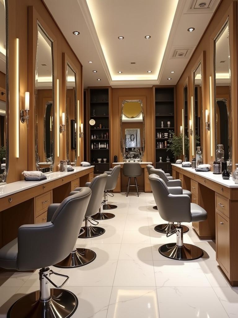 Interiors of a beauty salon featuring mirrors and modern furnishings. Salon has elegant styling with warm woods and soft lighting. Spacious layout with salon chairs. Mirrored vanities reflect luxurious atmosphere.