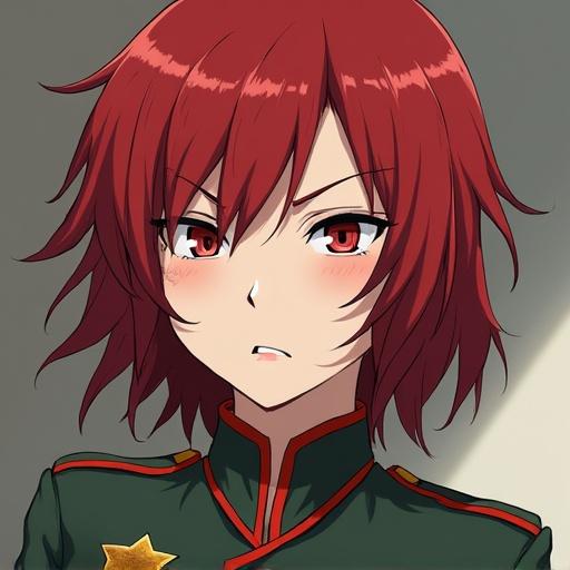 Anime style female soldier with red medium hair and parted bangs. Character has an angry expression.