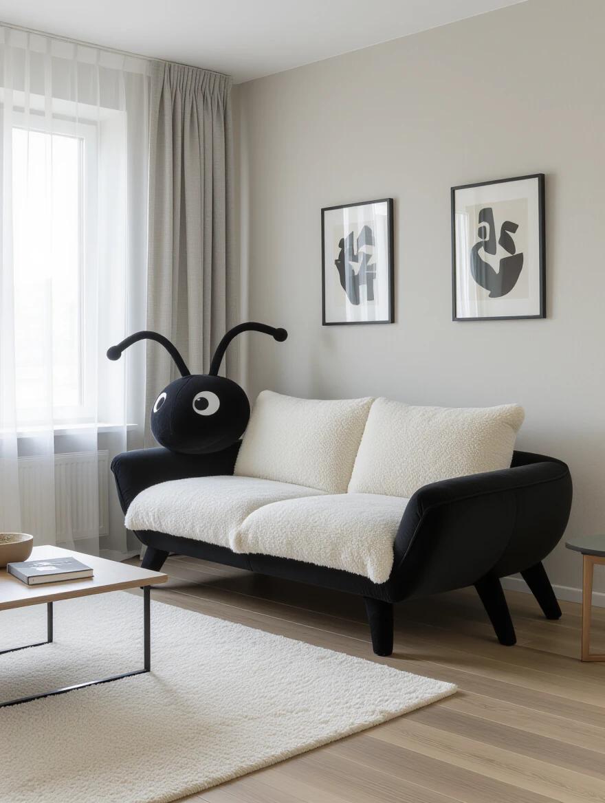 Sofa resembles an ant. Plush texture gives comfort. Modern living room is the setting. Bright and airy atmosphere with simple decor.