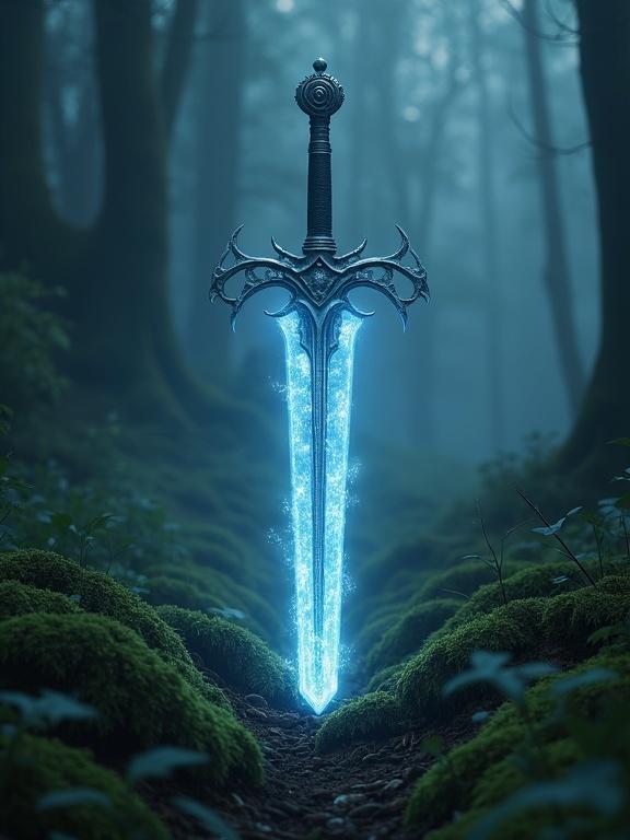 Ancient sword glowing with arcane energy half-buried in mystical forest floor fog rolling in