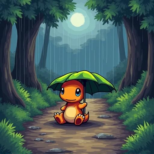 Tiny Charmander crouched under a leaf umbrella in a muddy trail winding through a rainy woodland with dark clouds and puddles from a top-down RPG perspective using 16-bit pixel art reminiscent of classic Game Boy Advance games.