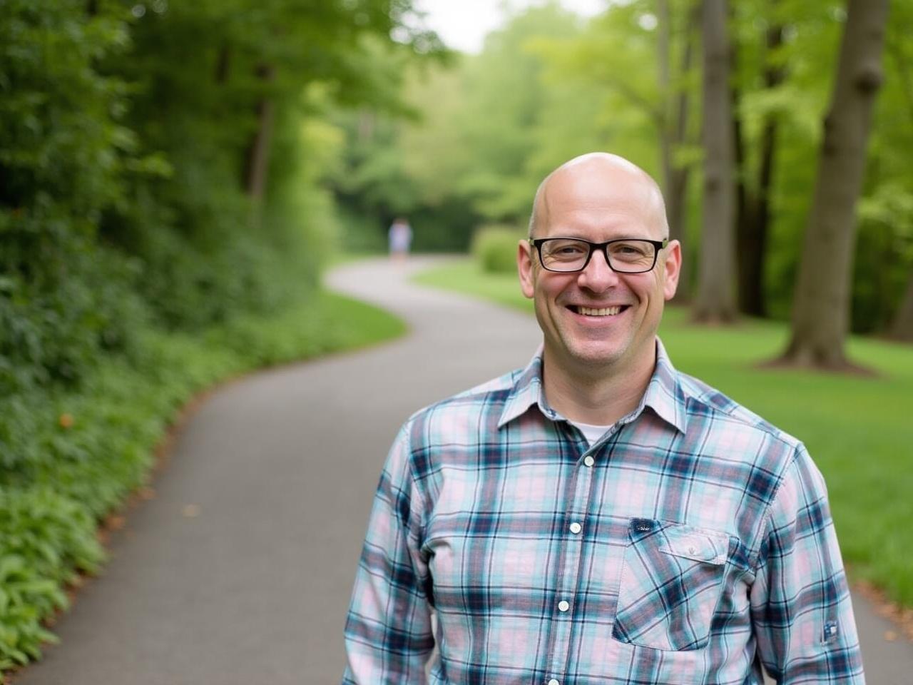 The image shows a man standing on a paved path surrounded by greenery. He is smiling and wearing a plaid shirt. The background features trees and a winding path, suggesting a peaceful outdoor setting. The lighting appears to be bright, indicating a pleasant day. The man has glasses and a bald head, giving him a friendly appearance. Overall, the scene conveys a sense of tranquility and leisure.