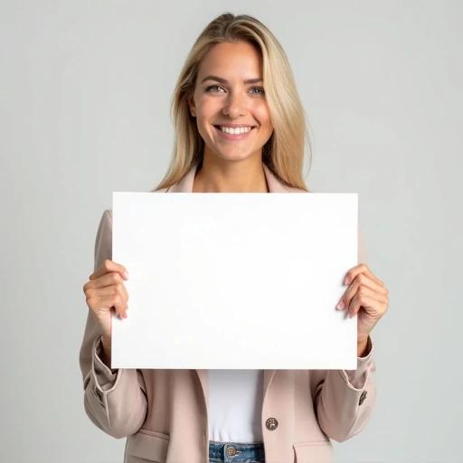 Attractive blonde woman holds a blank white rectangular sign. Woman is dressed in a stylish light beige blazer. Background is neutral and minimalistic. Woman poses confidently with a pleasant expression. The focus is on the sign with no additional text or images.