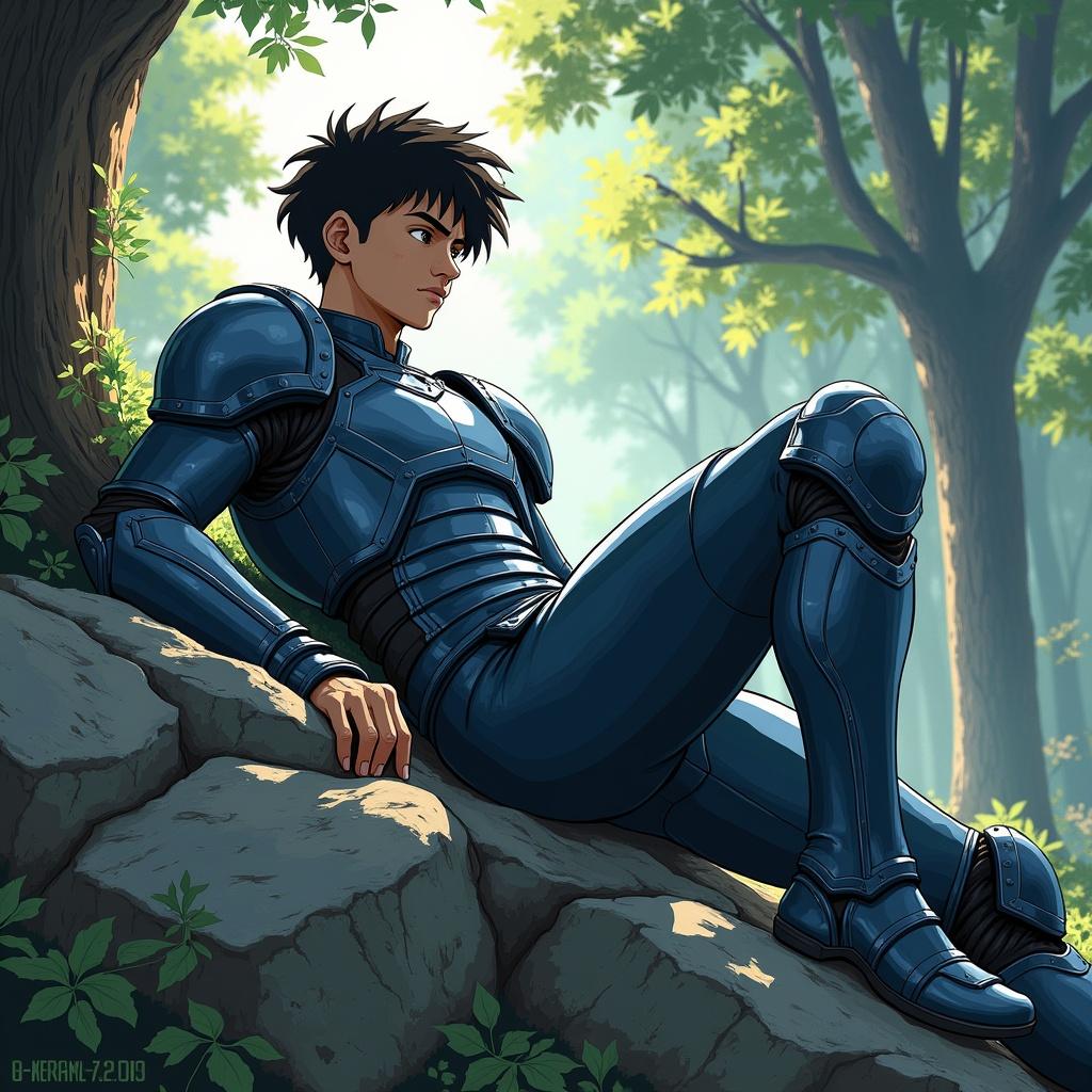 A 17-year-old warrior with a muscular yet youthful build. Resting on a large rock in a dense forest. Perspective slightly elevated, showing the warrior from the side with attention to his back. Relaxed but alert posture: sitting with one leg bent and foot on the rock, other leg extended. Left arm resting on the rock, right hand on the lap. Displays signs of fatigue but maintains tension. Youthful face with defined features, reflecting calmness and determination. Medium length dark hair slightly tousled, glowing subtly with filtered light. Wearing a metallic armor in blue and silver tones, with clean, stylized details. Background features a dense forest with sunlight filtering through the leaves.