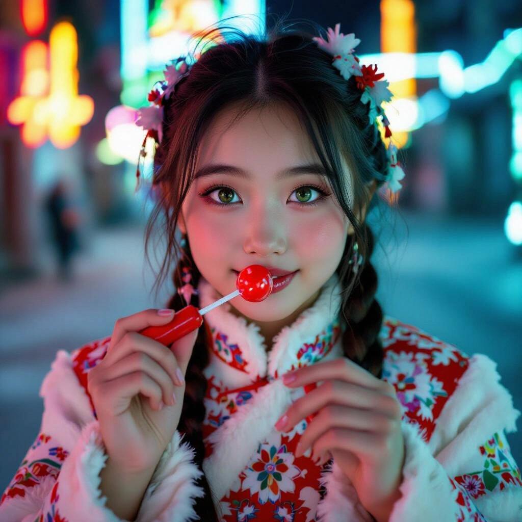 Young girl with round face and big hazel green eyes in traditional Siberian clothes from Yakut. User-friendly red joystick in one hand, lollipop in the other. Neon lights at night reflecting on skin.