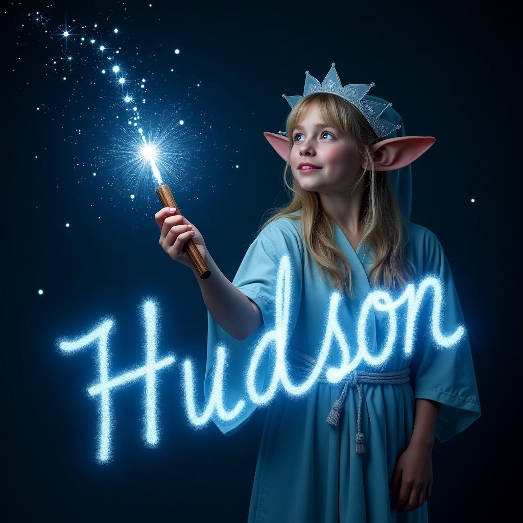 An elf writes names with a magical wand in sparkling text. The name 'Hudson' glows in white and light blue. Dark background enhances vivid letters. Scene conveys magic and wonder. Inviting viewers into a fantasy world.