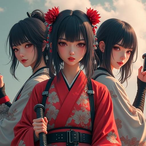 Three Akihabara-style Japanese female cosplayers in futuristic midsummer clothing. They display different personalities and hold various Japanese weapons. A lucky black cat and Q-taro ghost are in the background. The @hu_jim29 logo is engraved. Highly detailed photorealism with vibrant colors and dramatic lighting.