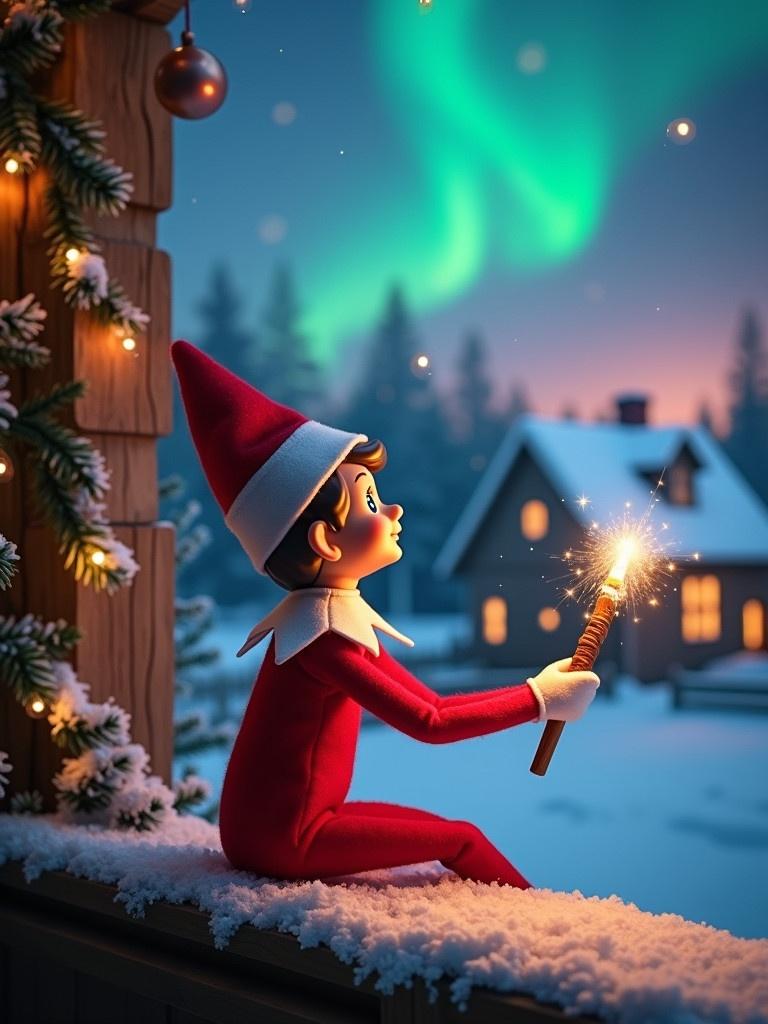 An elf on the shelf sits with its back to the viewer. The elf gazes skyward while holding a glowing wand. A charming Christmas scene is shown with colorful northern lights. A cozy house can be seen in the distance. Snow is on the ground. The elf embodies magic and wonder of Christmas. Names appear in the air from the wand.