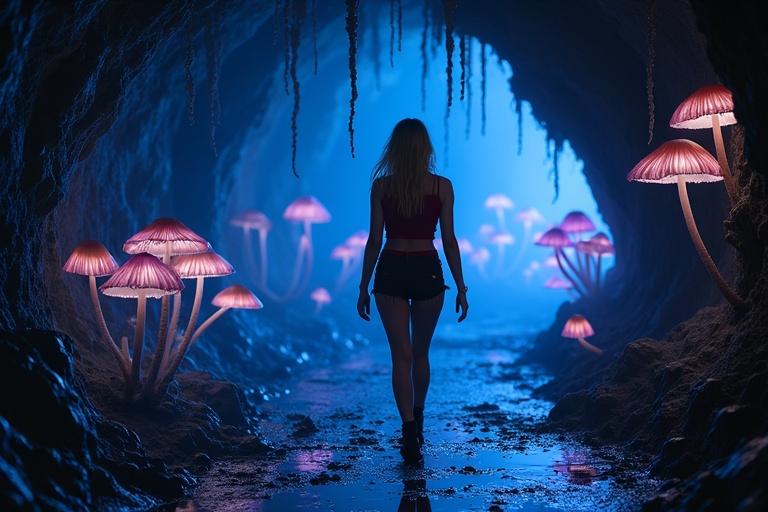 Wide interior shot of a tunnel with bioluminescent mushrooms. Blue and purple light creates a mystical atmosphere. Shadows fall on rough stone surfaces. Water drips, forming puddles that reflect light. An explorer moves cautiously through the scene. She has golden hair and wears a red crop top with cutoff shorts. Her figure is curvy, dressed in muddy boots. The lighting is cinematic with deep contrasts.